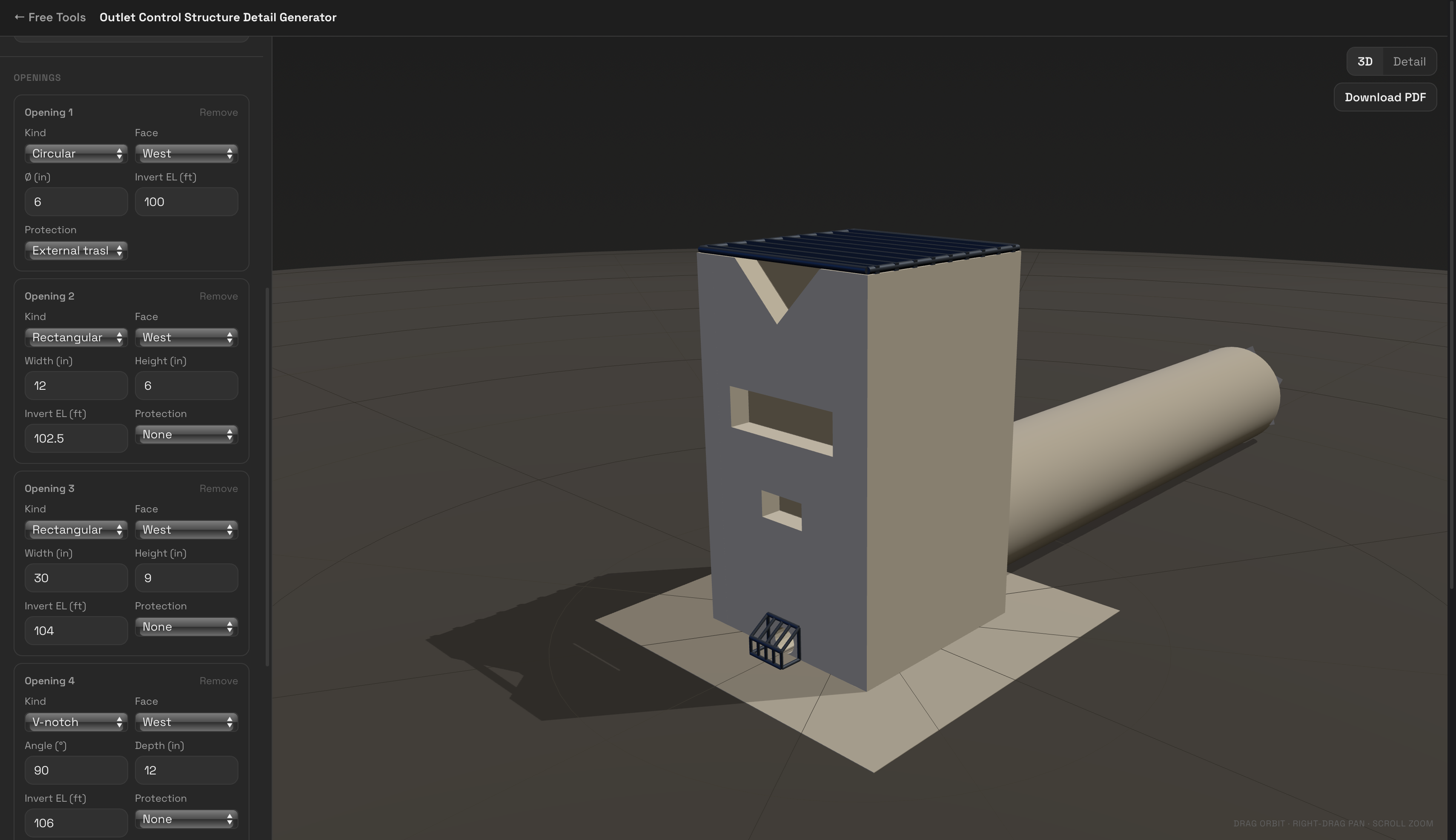 Outlet control structure detail generator app: opening parameters panel with live 3D preview of a concrete riser, trash rack, and outlet barrel